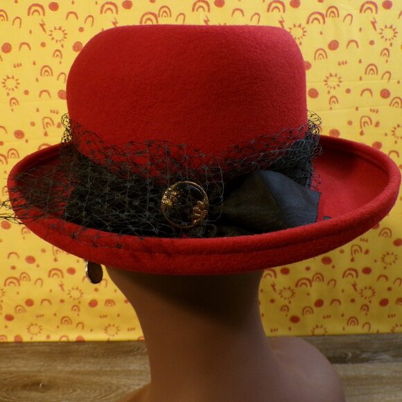 BOLLMAN HAT CO. Women's Vintage Short Brim Red Hat 100% Wool Doeskin Felt Lace - Picture 5 of 12